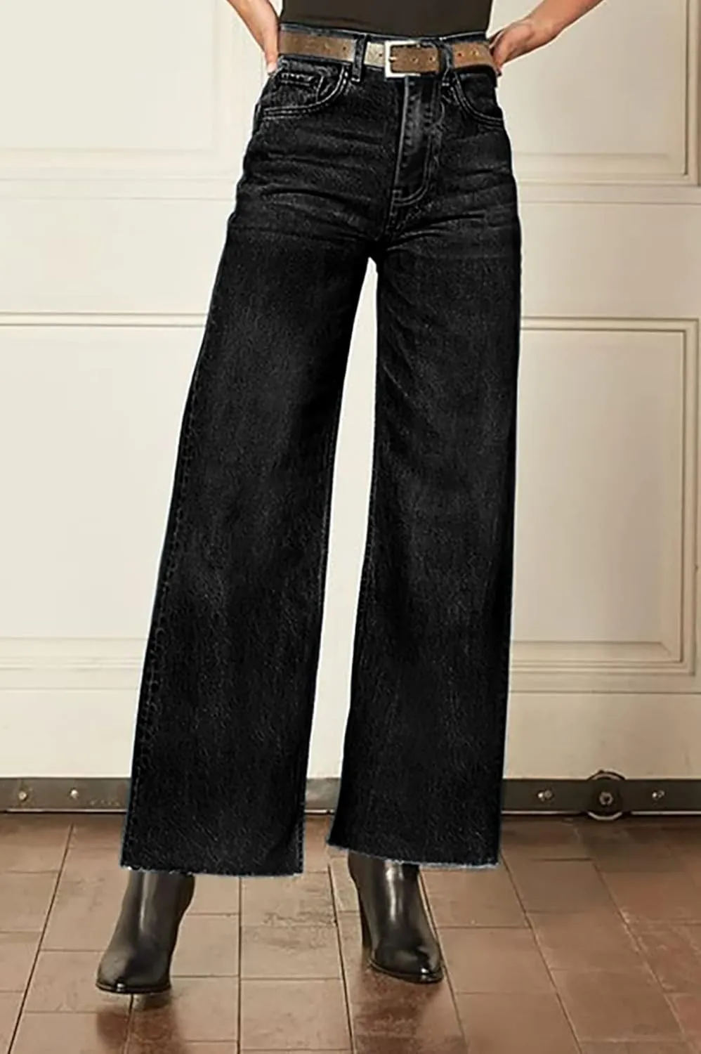 Women's Wide Leg Jeans 90S Vintage Zipper Fly Raw Hem Loose Fit Mid Rise Straight Leg Jeans for Women Denim Pants