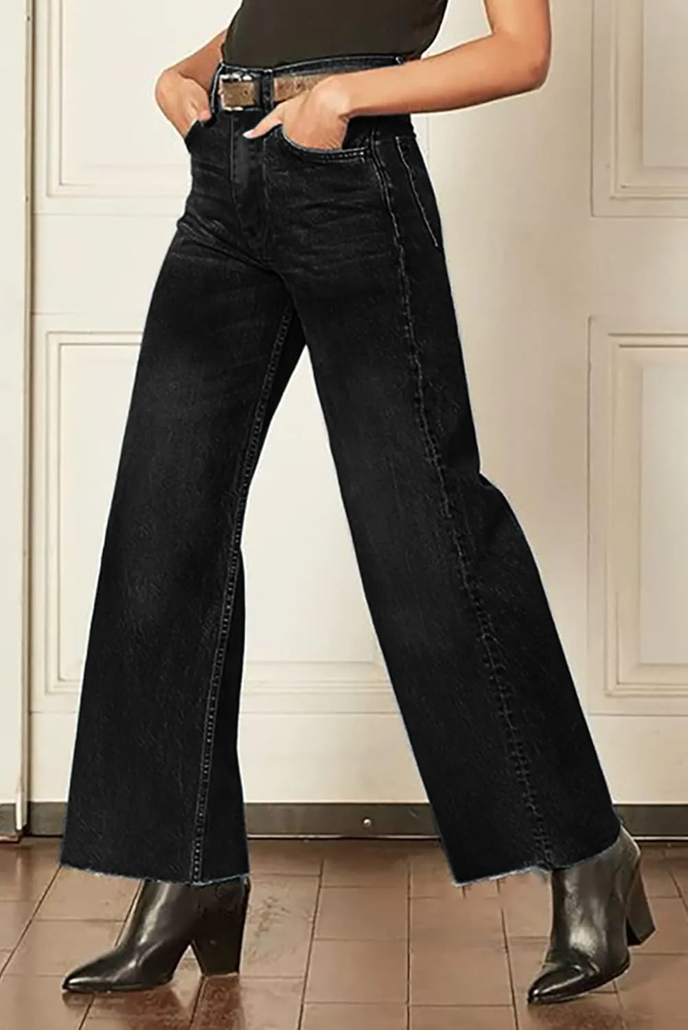 Women's Wide Leg Jeans 90S Vintage Zipper Fly Raw Hem Loose Fit Mid Rise Straight Leg Jeans for Women Denim Pants