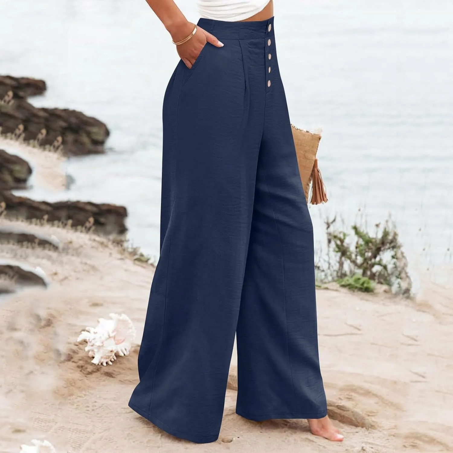 Womens Wide Leg Pants Dressy Casual Elastic High Waisted Palazzo Pants Lightweight Summer Cotton Linen Pants w/Pockets