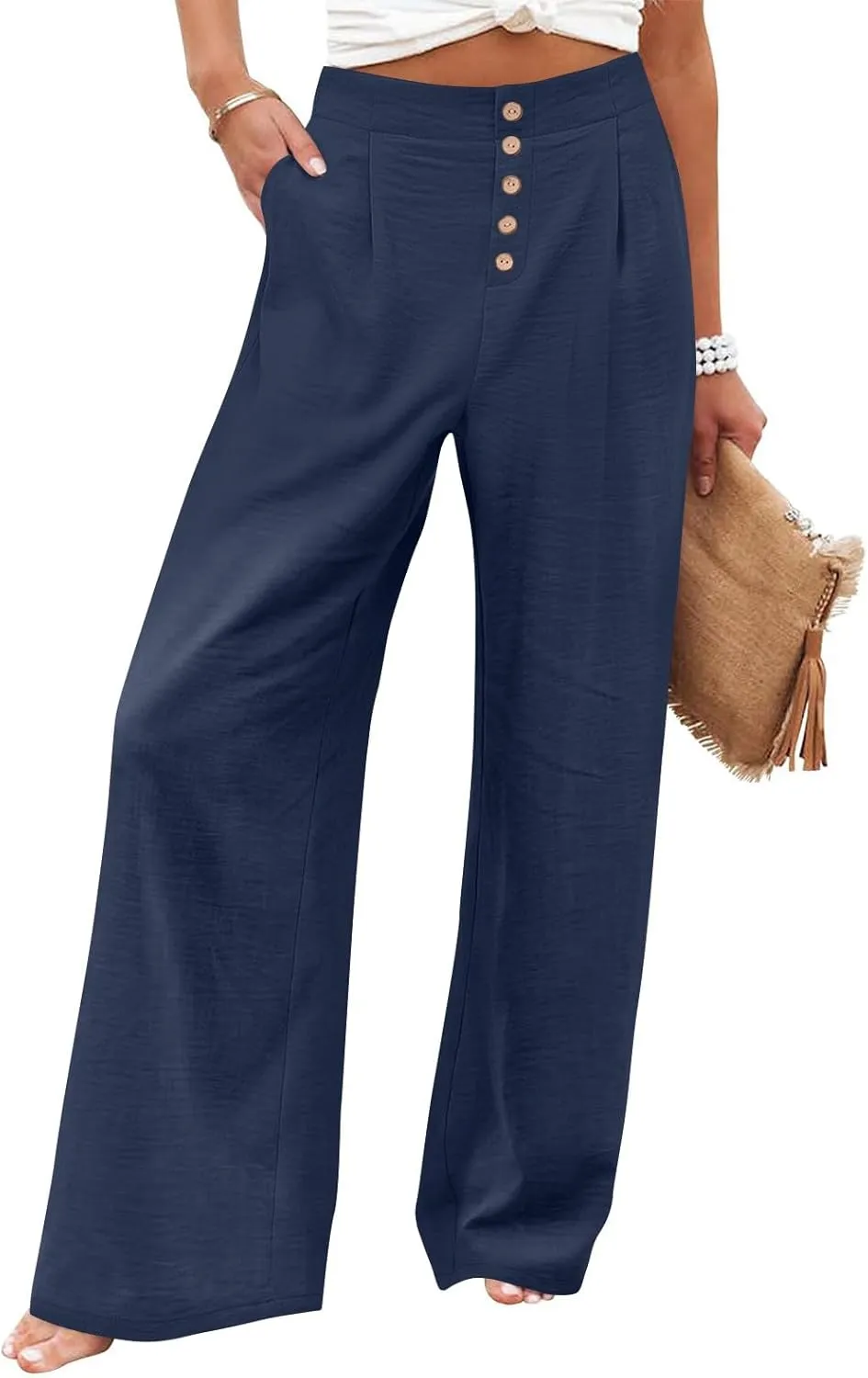 Womens Wide Leg Pants Dressy Casual Elastic High Waisted Palazzo Pants Lightweight Summer Cotton Linen Pants w/Pockets