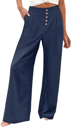 Womens Wide Leg Pants Dressy Casual Elastic High Waisted Palazzo Pants Lightweight Summer Cotton Linen Pants w/Pockets