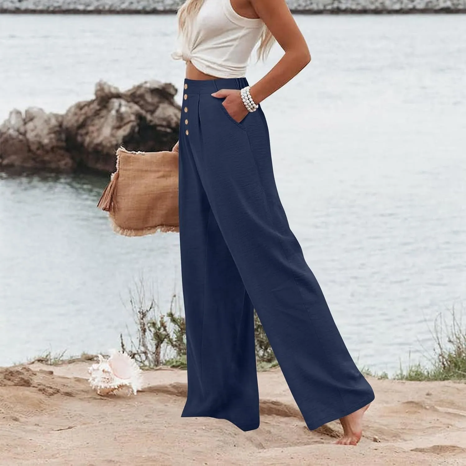 Womens Wide Leg Pants Dressy Casual Elastic High Waisted Palazzo Pants Lightweight Summer Cotton Linen Pants w/Pockets
