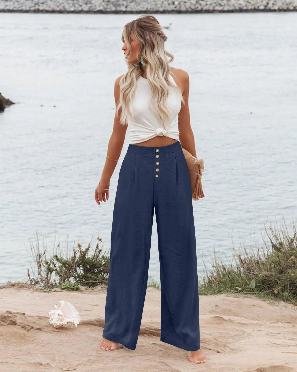 Womens Wide Leg Pants Dressy Casual Elastic High Waisted Palazzo Pants Lightweight Summer Cotton Linen Pants w/Pockets