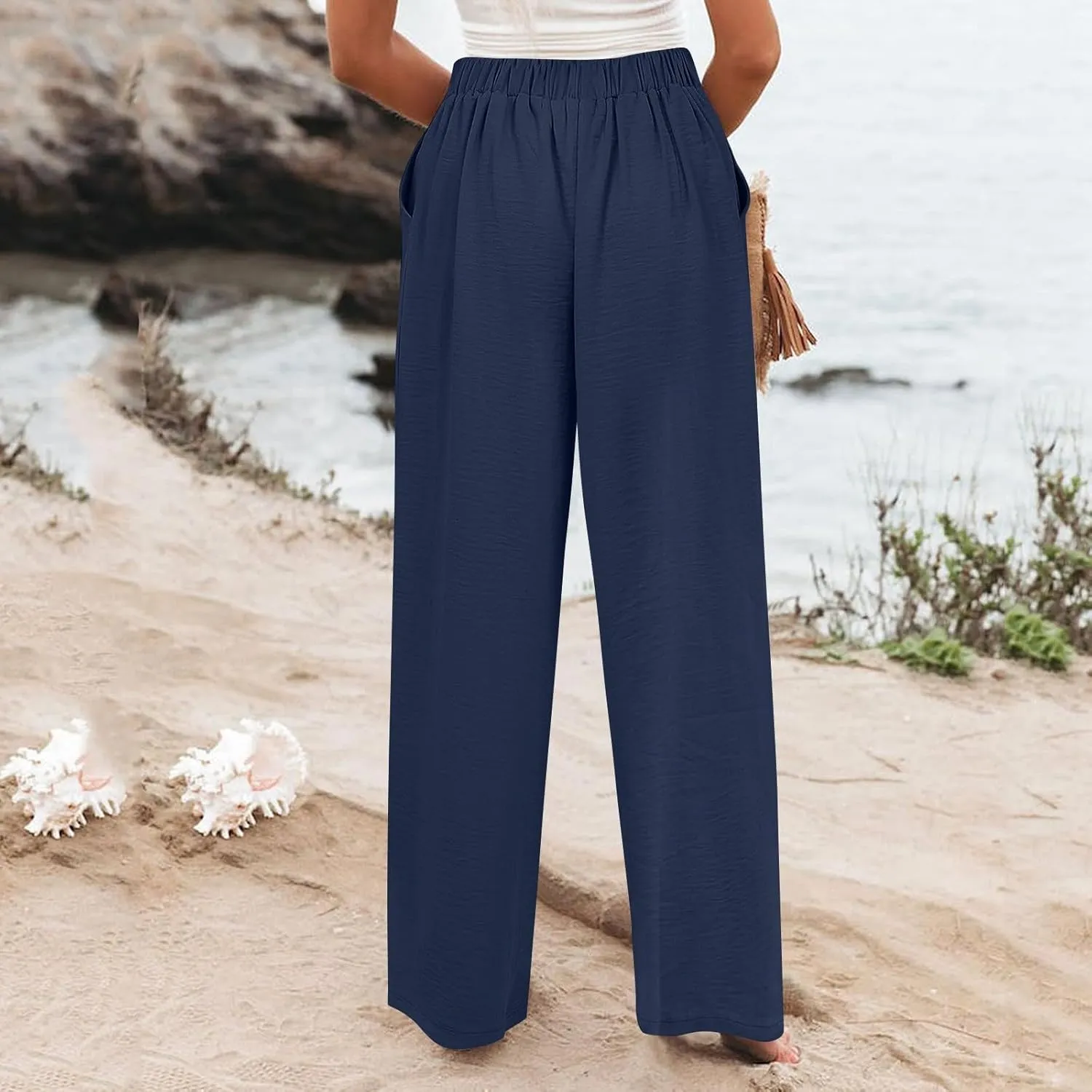 Womens Wide Leg Pants Dressy Casual Elastic High Waisted Palazzo Pants Lightweight Summer Cotton Linen Pants w/Pockets