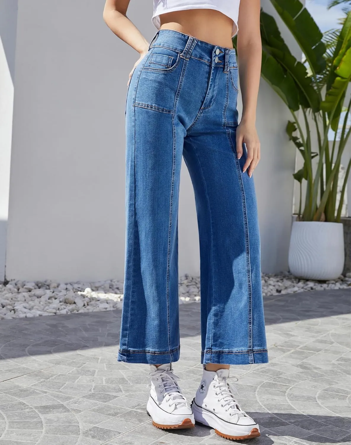 Women's Wide Leg Petite Jeans High Waisted Stretchy Cropped Denim Pants