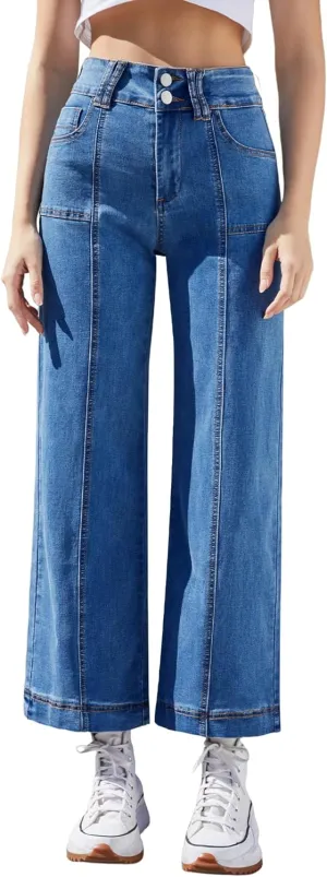 Women's Wide Leg Petite Jeans High Waisted Stretchy Cropped Denim Pants