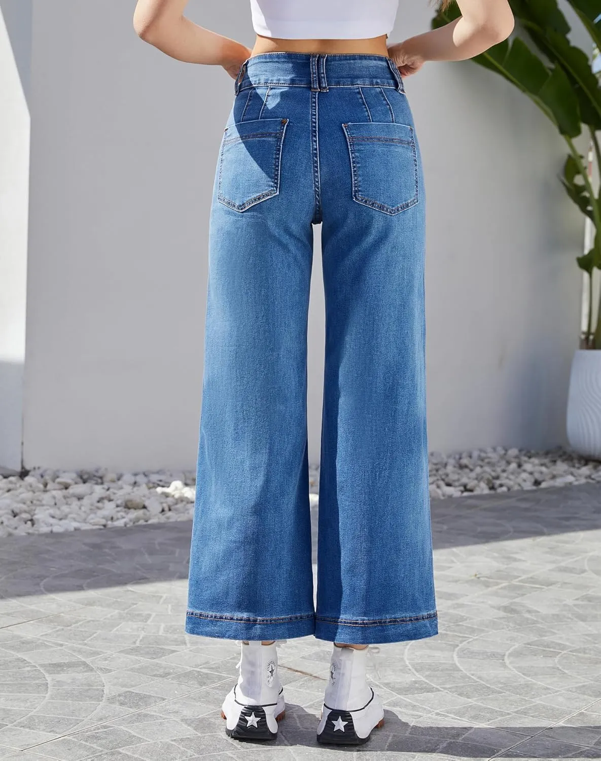 Women's Wide Leg Petite Jeans High Waisted Stretchy Cropped Denim Pants