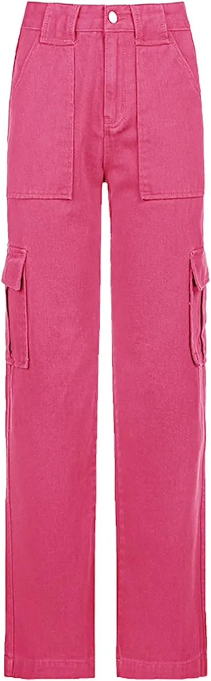 Women's Y2K Fashion Wide Leg High Waist Loose Fit Cargo Jeans Denim Pants Boyfriend Jeans for Teen Girls with Pockets