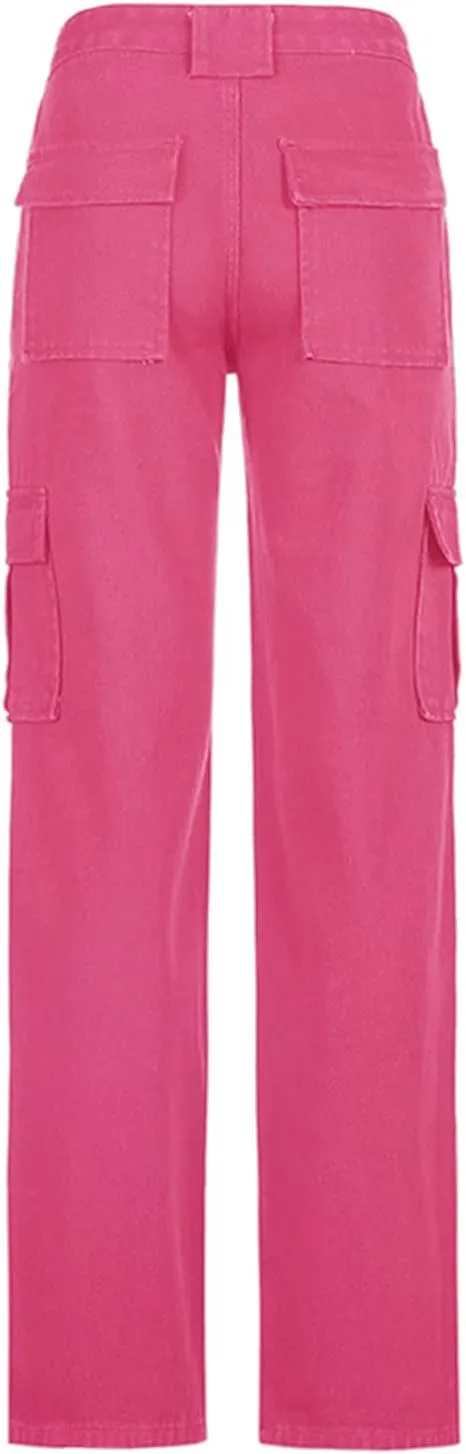 Women's Y2K Fashion Wide Leg High Waist Loose Fit Cargo Jeans Denim Pants Boyfriend Jeans for Teen Girls with Pockets