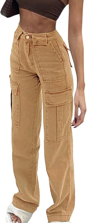 Women's Y2K Fashion Wide Leg High Waist Loose Fit Cargo Jeans Denim Pants Boyfriend Jeans for Teen Girls with Pockets
