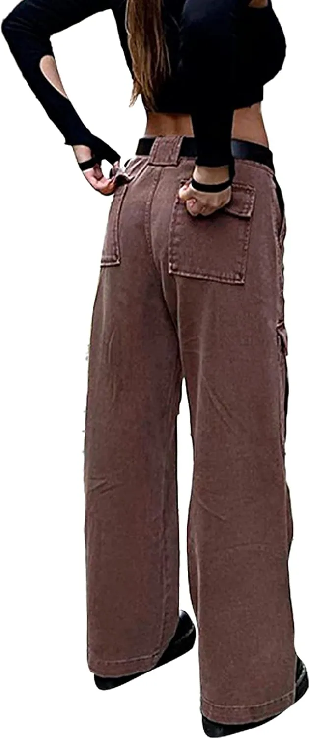Women's Y2K Fashion Wide Leg High Waist Loose Fit Cargo Jeans Denim Pants Boyfriend Jeans for Teen Girls with Pockets