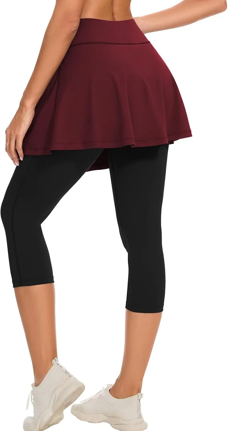 WOWENY Tennis Skirted Leggings with Pockets for Women Active Ruffle Pleated Golf Capris with Skort Pickleball Yoga Running