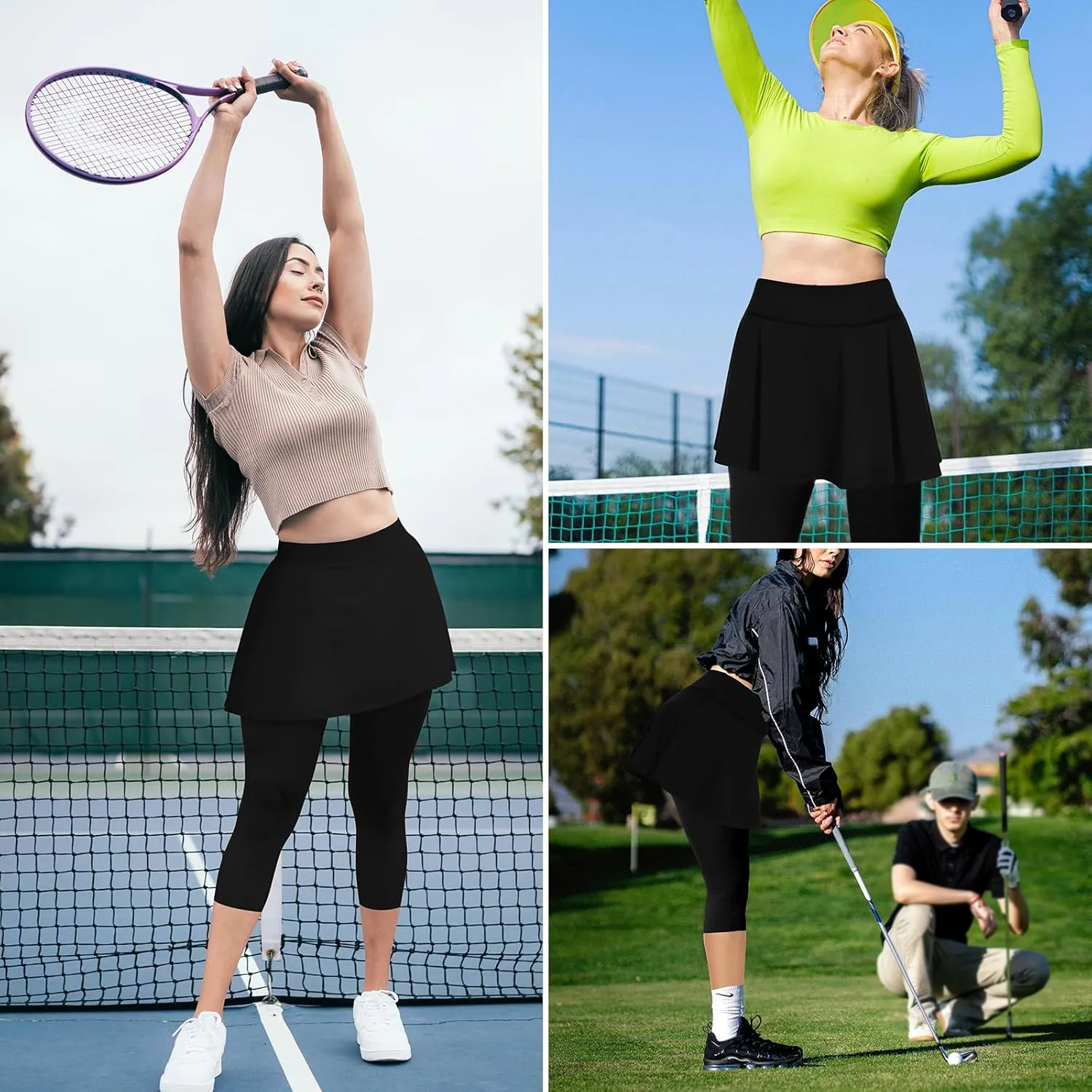 WOWENY Tennis Skirted Leggings with Pockets for Women Active Ruffle Pleated Golf Capris with Skort Pickleball Yoga Running