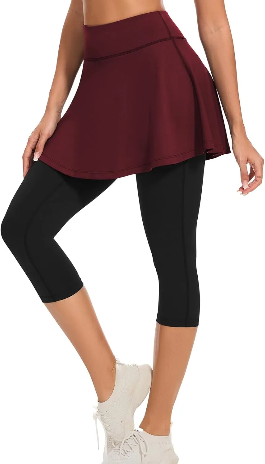 WOWENY Tennis Skirted Leggings with Pockets for Women Active Ruffle Pleated Golf Capris with Skort Pickleball Yoga Running