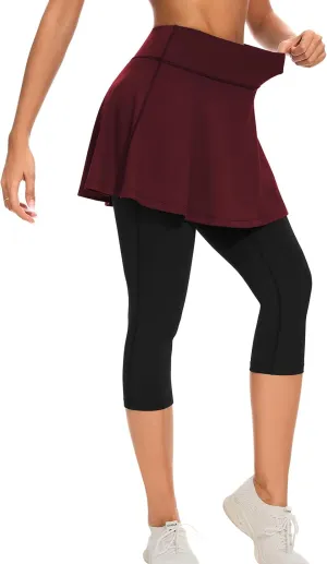 WOWENY Tennis Skirted Leggings with Pockets for Women Active Ruffle Pleated Golf Capris with Skort Pickleball Yoga Running
