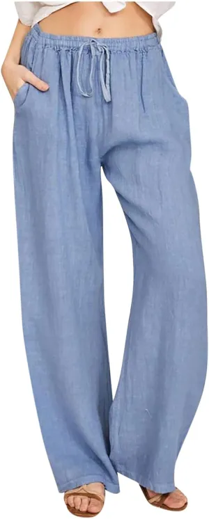 Xiaojmake Womens Linen Palazzo Pants Summer Loose Wide Leg Pants Drawstring Tie Elastic High Waist Trousers with Side Pockets