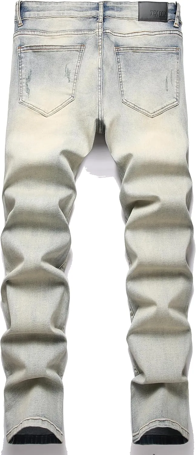 XIMXIMMTIAN Mens Slim Fit Jeans Stretch Ripped Biker Jeans for Men Fashion Straight Comfort Flex Waist Casual Denim Pants