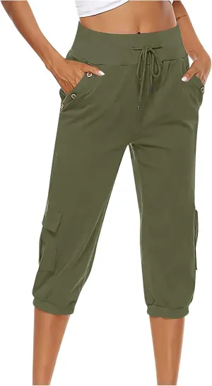 XUNRYAN Cargo Pants Capris Womens Summer Casual Linen Cotton Crop Pants Joggers Palazzo Harem Pants Beach Trousers w Pockets