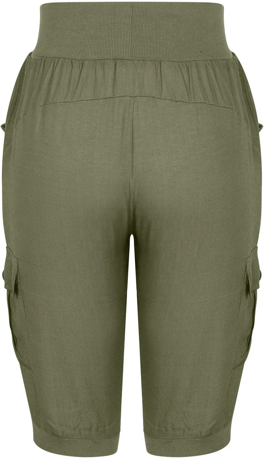 XUNRYAN Cargo Pants Capris Womens Summer Casual Linen Cotton Crop Pants Joggers Palazzo Harem Pants Beach Trousers w Pockets