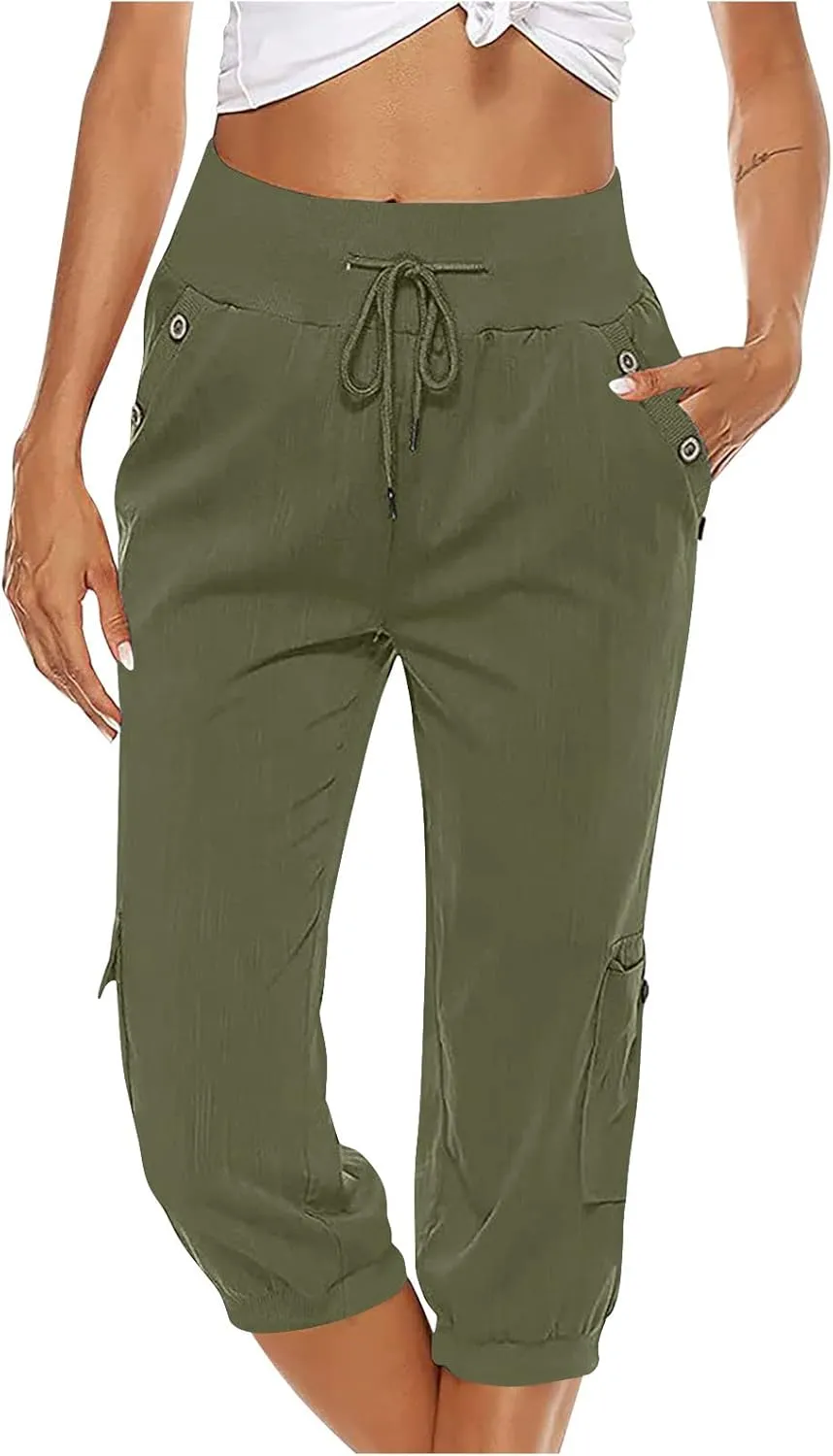 XUNRYAN Cargo Pants Capris Womens Summer Casual Linen Cotton Crop Pants Joggers Palazzo Harem Pants Beach Trousers w Pockets