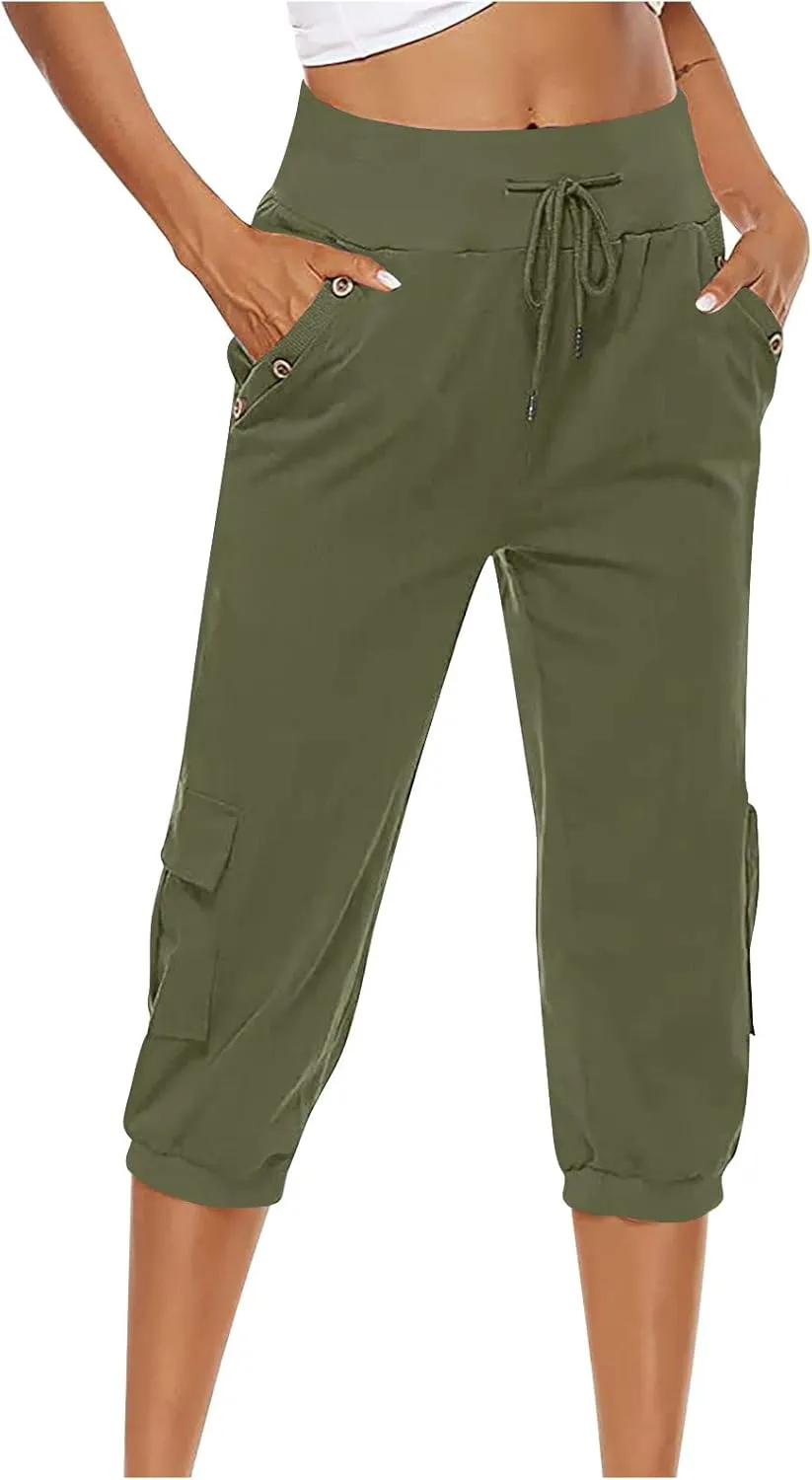 XUNRYAN Cargo Pants Capris Womens Summer Casual Linen Cotton Crop Pants Joggers Palazzo Harem Pants Beach Trousers w Pockets