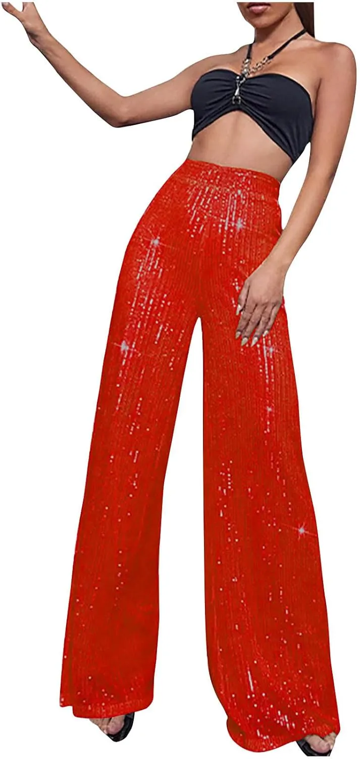 XUNRYAN Sequin Pants Women's 70s Disco Outfits High Waist Wide Leg Palazzo Pants Party Clubwear Trousers Hippie Clothes