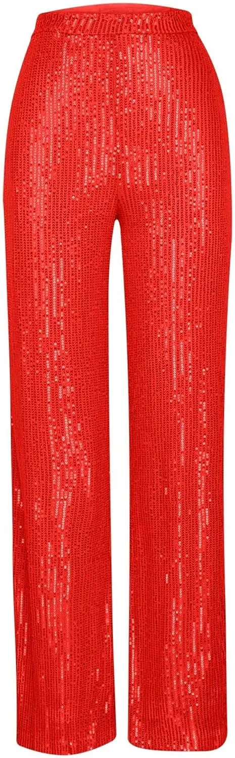 XUNRYAN Sequin Pants Women's 70s Disco Outfits High Waist Wide Leg Palazzo Pants Party Clubwear Trousers Hippie Clothes