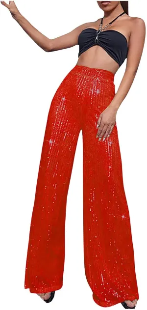 XUNRYAN Sequin Pants Women's 70s Disco Outfits High Waist Wide Leg Palazzo Pants Party Clubwear Trousers Hippie Clothes