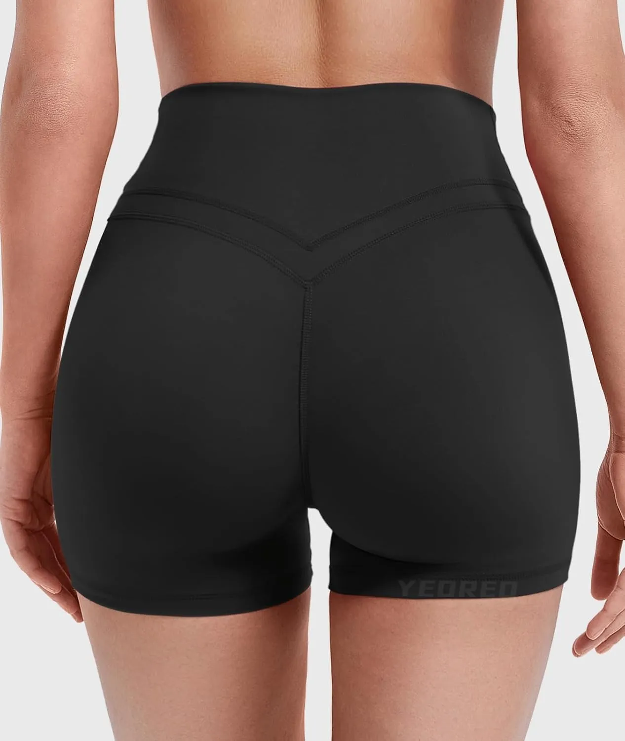 YEOREO Gym Workout Shorts for Women High Waisted Tummy Control Hidden Scrunch 4.5" Booty Shorts Julissa Cross Waist Yoga