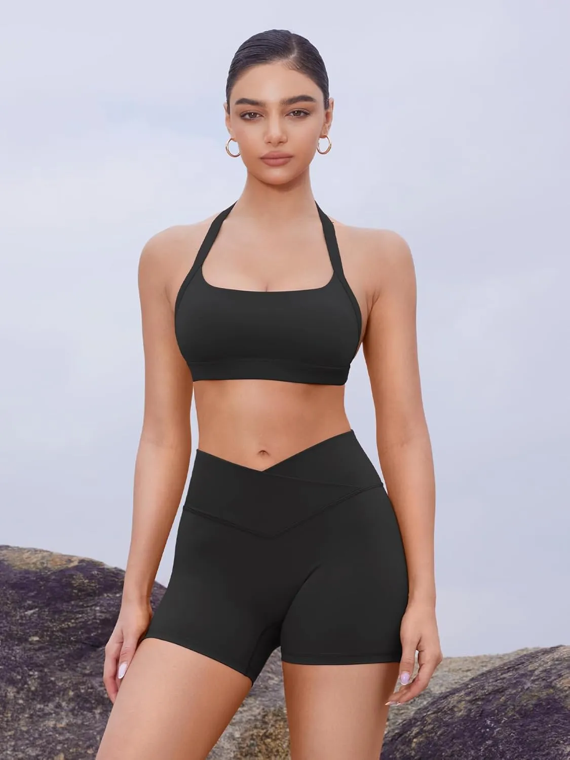 YEOREO Gym Workout Shorts for Women High Waisted Tummy Control Hidden Scrunch 4.5" Booty Shorts Julissa Cross Waist Yoga