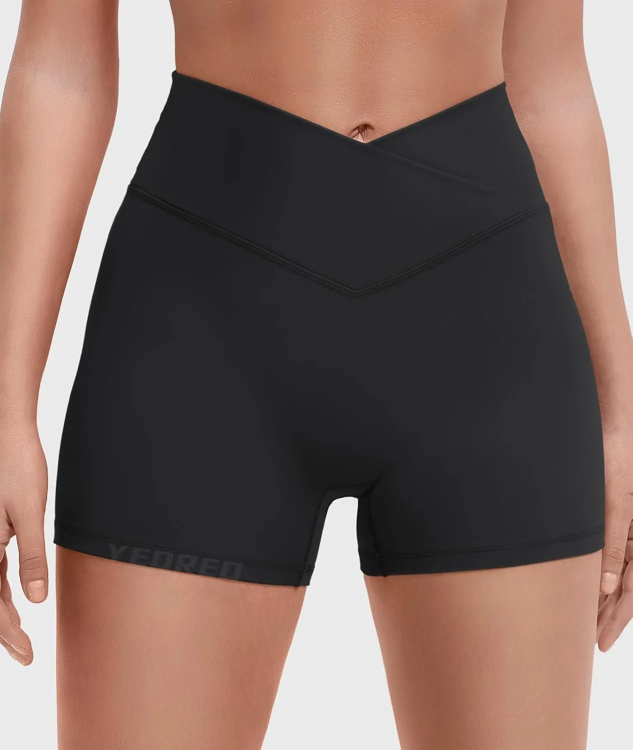 YEOREO Gym Workout Shorts for Women High Waisted Tummy Control Hidden Scrunch 4.5" Booty Shorts Julissa Cross Waist Yoga