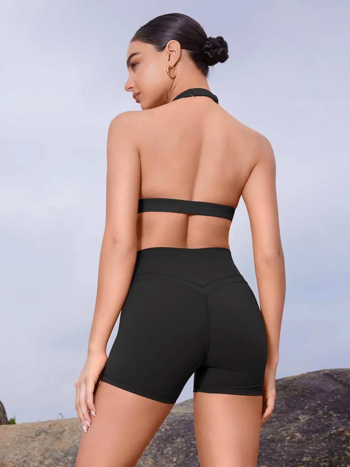 YEOREO Gym Workout Shorts for Women High Waisted Tummy Control Hidden Scrunch 4.5" Booty Shorts Julissa Cross Waist Yoga