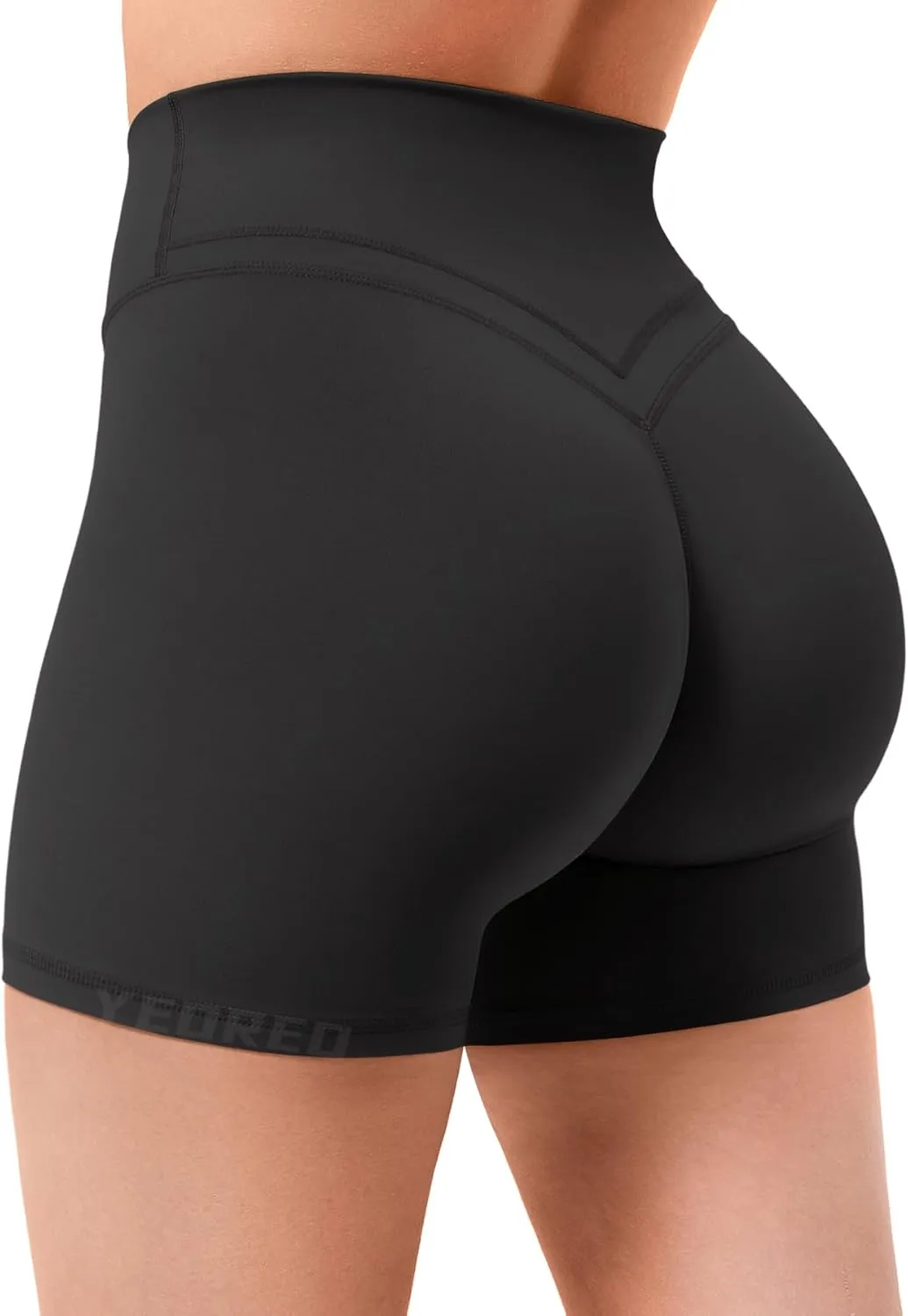 YEOREO Gym Workout Shorts for Women High Waisted Tummy Control Hidden Scrunch 4.5" Booty Shorts Julissa Cross Waist Yoga