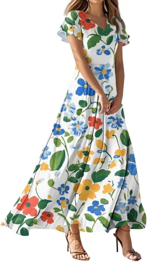 ZEFOTIM Long Maxi Dresses for Women Sexy Floral Dress Short Sleeve V Neck Dresses