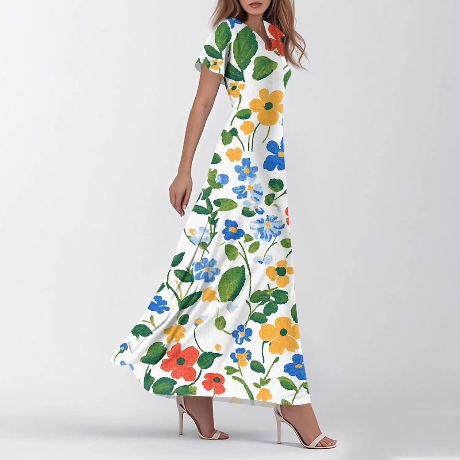 ZEFOTIM Long Maxi Dresses for Women Sexy Floral Dress Short Sleeve V Neck Dresses