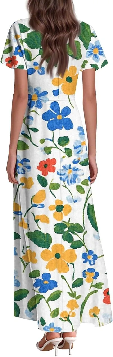 ZEFOTIM Long Maxi Dresses for Women Sexy Floral Dress Short Sleeve V Neck Dresses