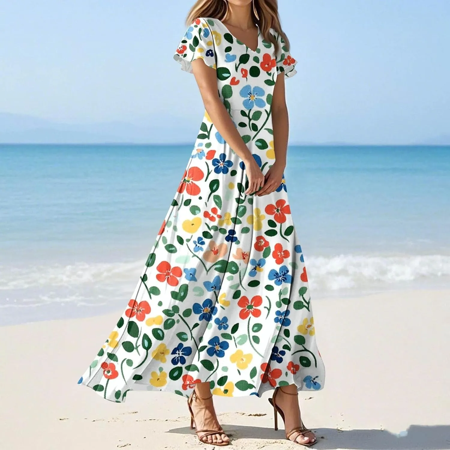 ZEFOTIM Long Maxi Dresses for Women Sexy Floral Dress Short Sleeve V Neck Dresses