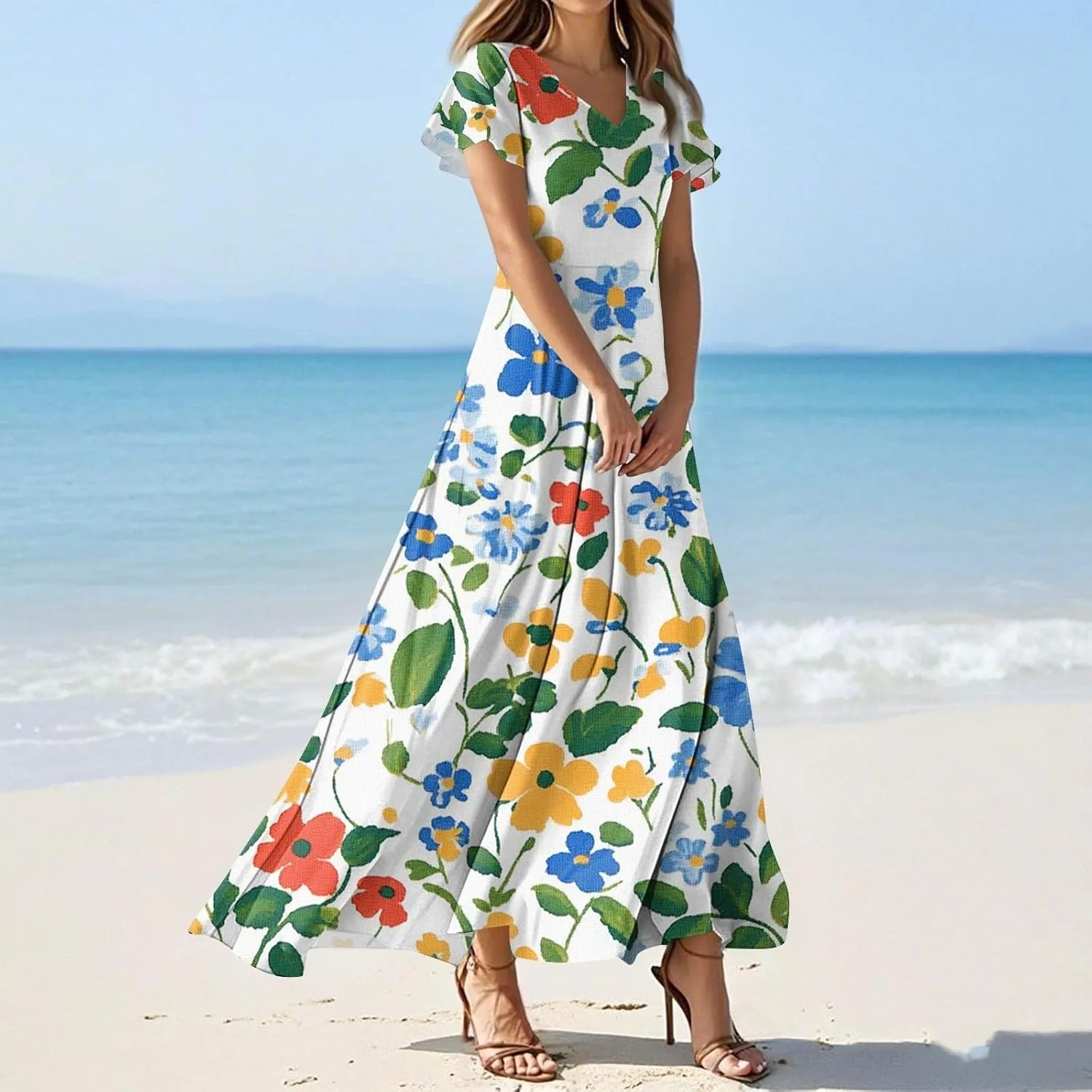 ZEFOTIM Long Maxi Dresses for Women Sexy Floral Dress Short Sleeve V Neck Dresses