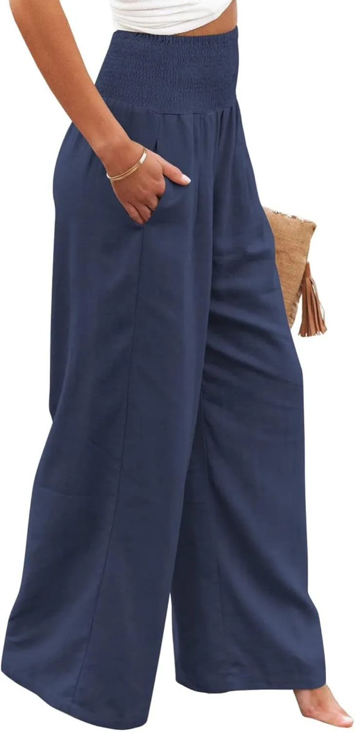 ZWRXW Linen Pants for Women 2024 Summer Wide Leg High Waist Palazzo Lounge Pants Beach Work Boho Casual Trousers with Pockets