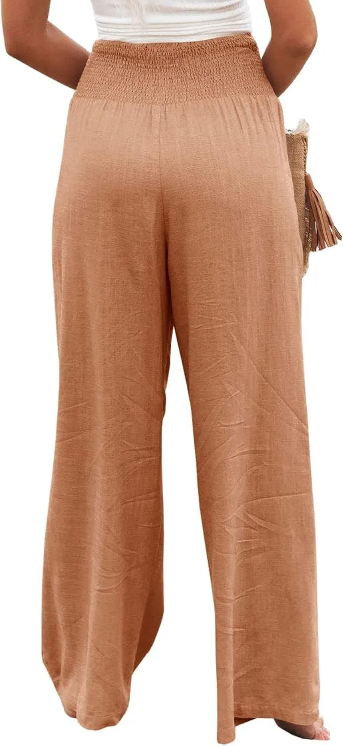 ZWRXW Linen Pants for Women 2024 Summer Wide Leg High Waist Palazzo Lounge Pants Beach Work Boho Casual Trousers with Pockets