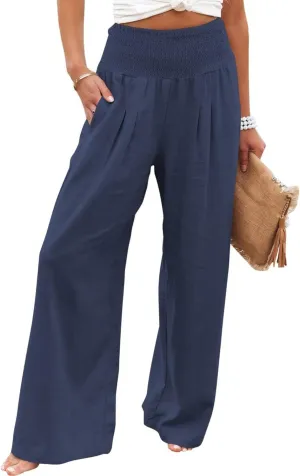 ZWRXW Linen Pants for Women 2024 Summer Wide Leg High Waist Palazzo Lounge Pants Beach Work Boho Casual Trousers with Pockets