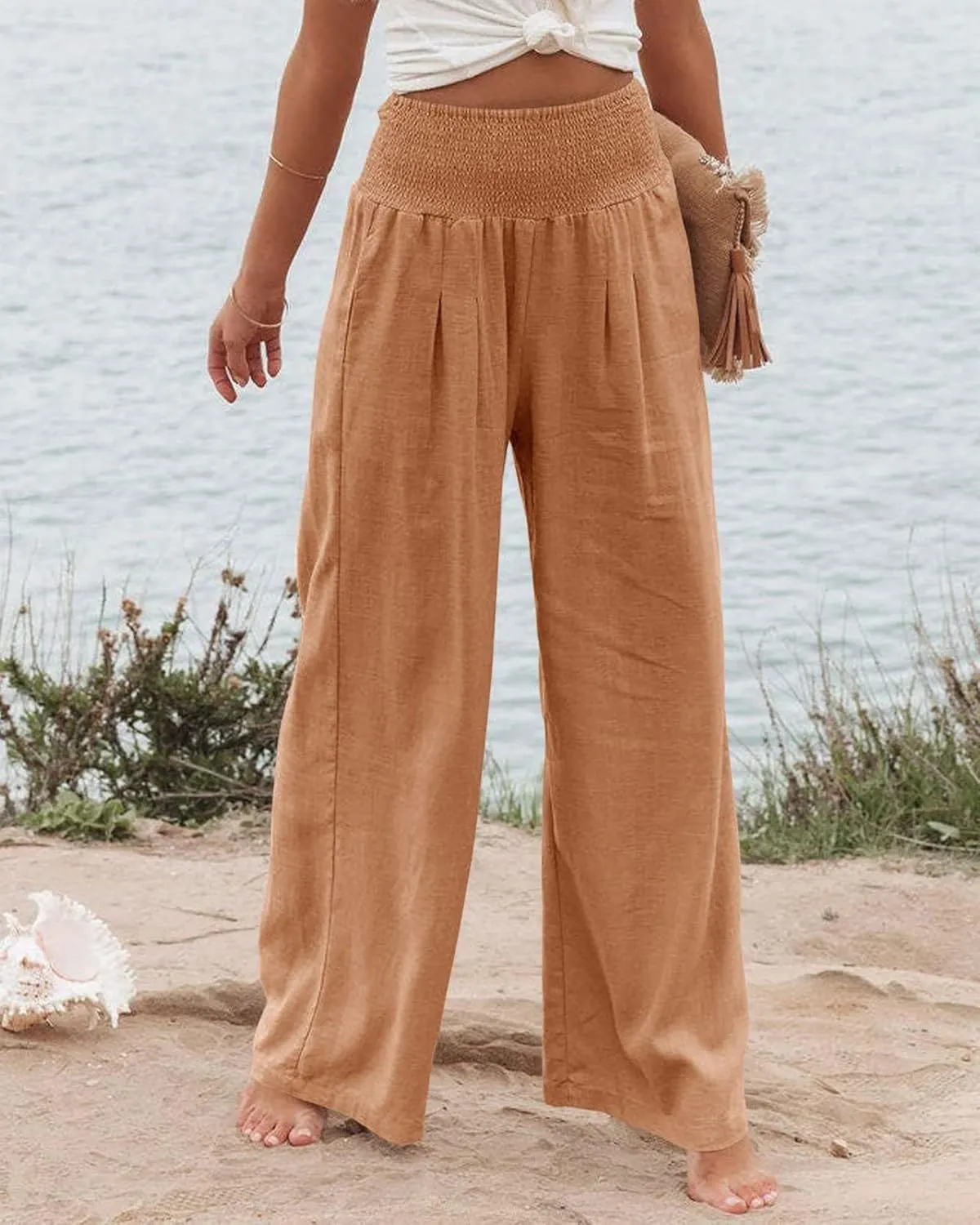 ZWRXW Linen Pants for Women 2024 Summer Wide Leg High Waist Palazzo Lounge Pants Beach Work Boho Casual Trousers with Pockets
