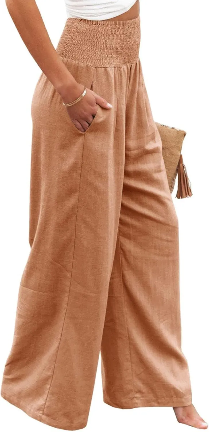 ZWRXW Linen Pants for Women 2024 Summer Wide Leg High Waist Palazzo Lounge Pants Beach Work Boho Casual Trousers with Pockets