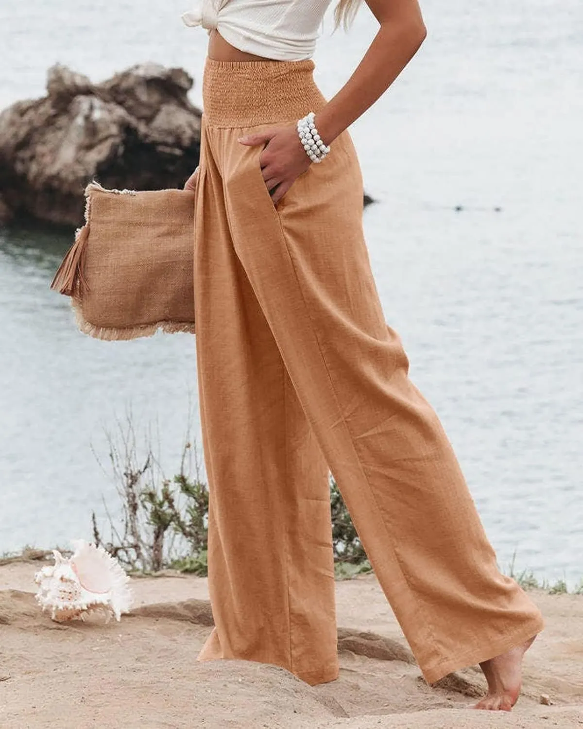 ZWRXW Linen Pants for Women 2024 Summer Wide Leg High Waist Palazzo Lounge Pants Beach Work Boho Casual Trousers with Pockets