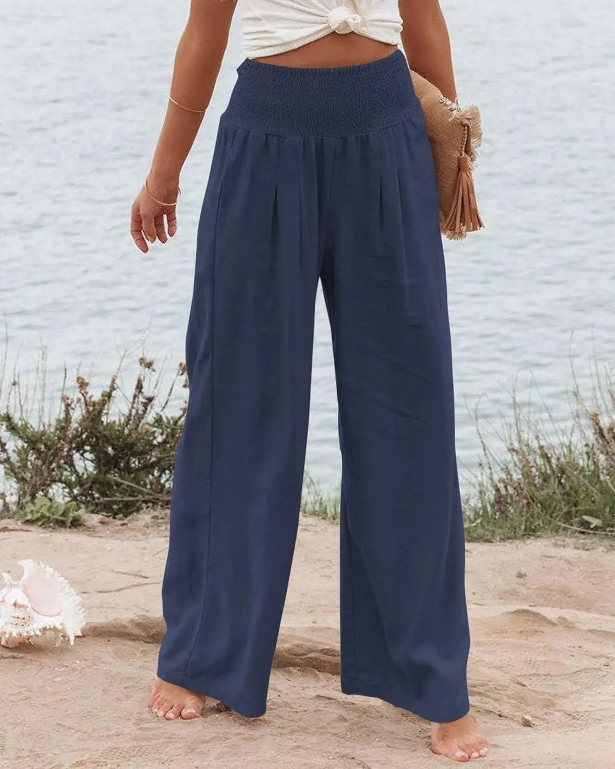 ZWRXW Linen Pants for Women 2024 Summer Wide Leg High Waist Palazzo Lounge Pants Beach Work Boho Casual Trousers with Pockets