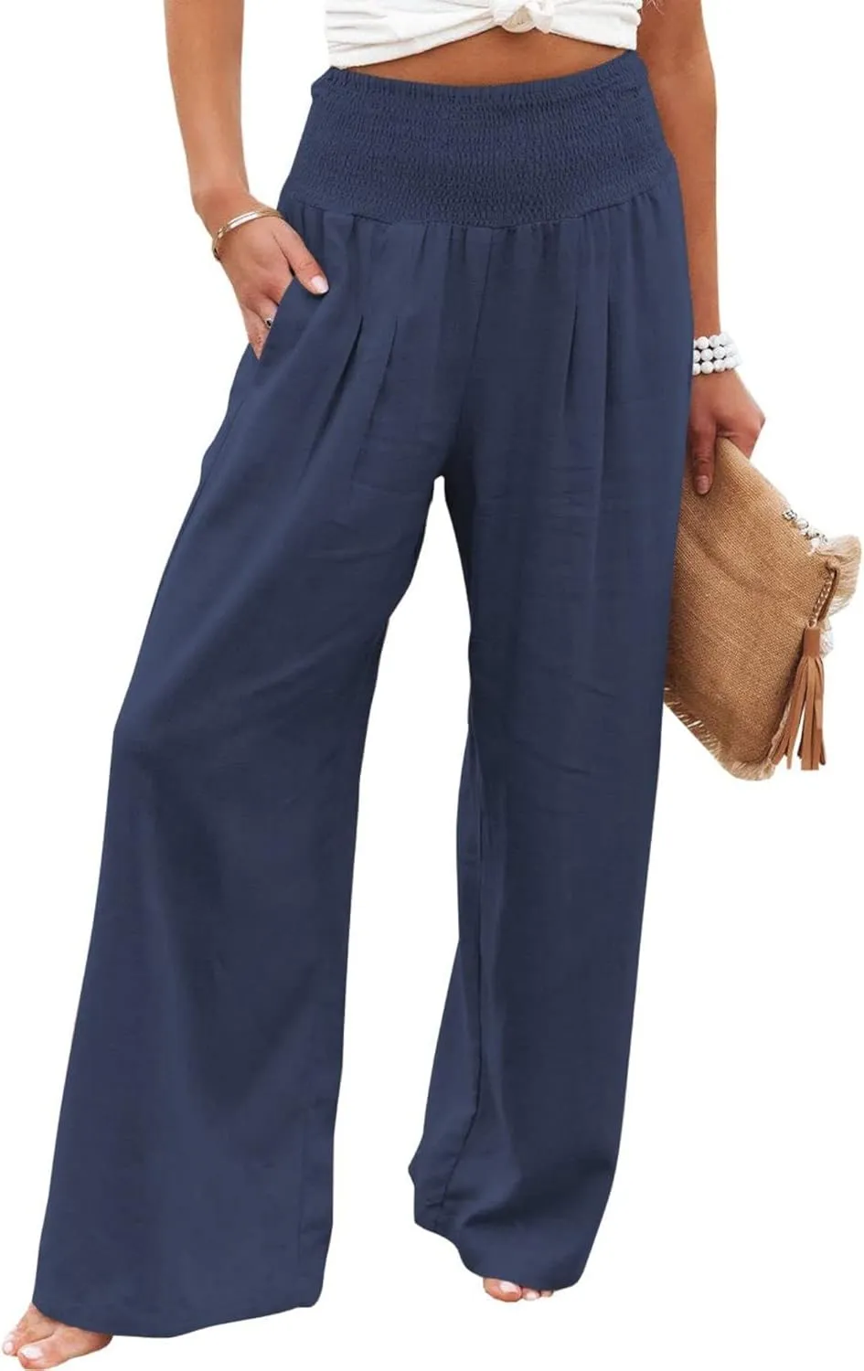 ZWRXW Linen Pants for Women 2024 Summer Wide Leg High Waist Palazzo Lounge Pants Beach Work Boho Casual Trousers with Pockets