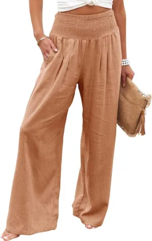 ZWRXW Linen Pants for Women 2024 Summer Wide Leg High Waist Palazzo Lounge Pants Beach Work Boho Casual Trousers with Pockets