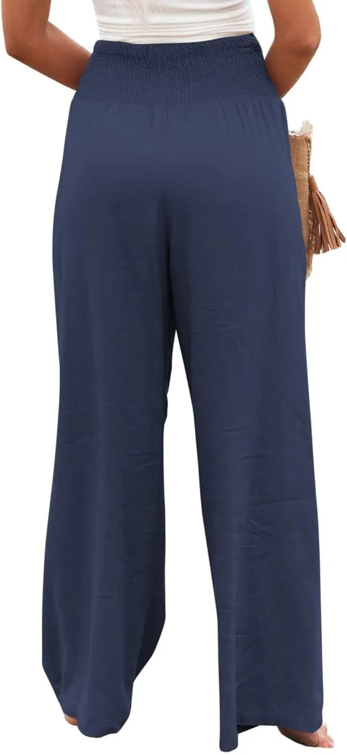 ZWRXW Linen Pants for Women 2024 Summer Wide Leg High Waist Palazzo Lounge Pants Beach Work Boho Casual Trousers with Pockets