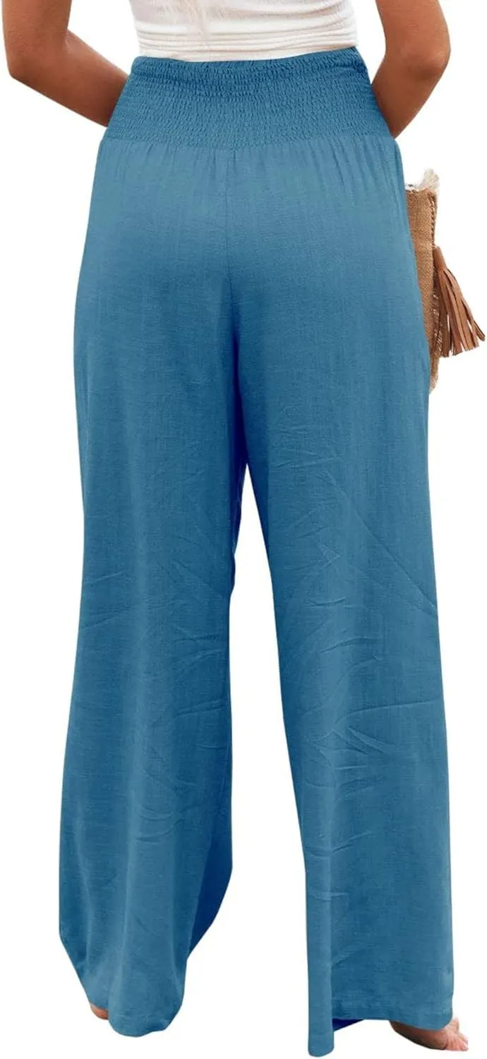 ZWRXW Summer Pants for Women 2024 Linen Palazzo Pants Summer Boho Wide Leg High Waist Pant Flowy Beach Casual Lounge Trousers