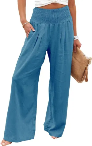 ZWRXW Summer Pants for Women 2024 Linen Palazzo Pants Summer Boho Wide Leg High Waist Pant Flowy Beach Casual Lounge Trousers
